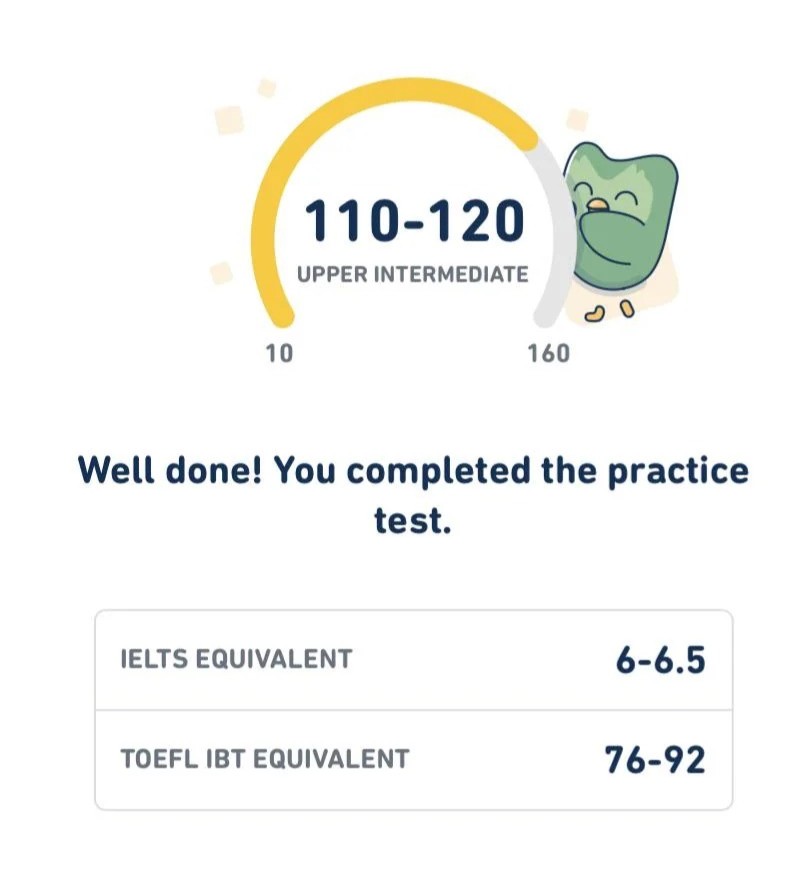 نمونه نتیجه آزمون practice دولینگو و نمرات احتمالی در آیتلس و تافل