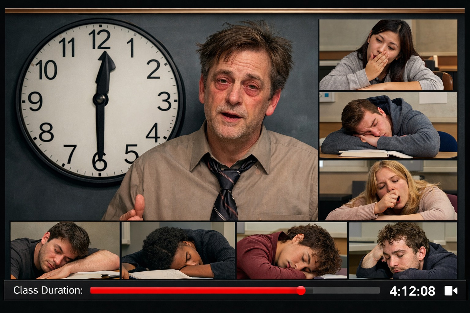 یک کلاس آنلاین بسیار طولانی (بیش از ۴ ساعت) که در آن استاد و تمام دانشجویان در کادرهای ویدیویی خود خواب&zwnj;آلود، کسل یا در حال چرت زدن هستند.