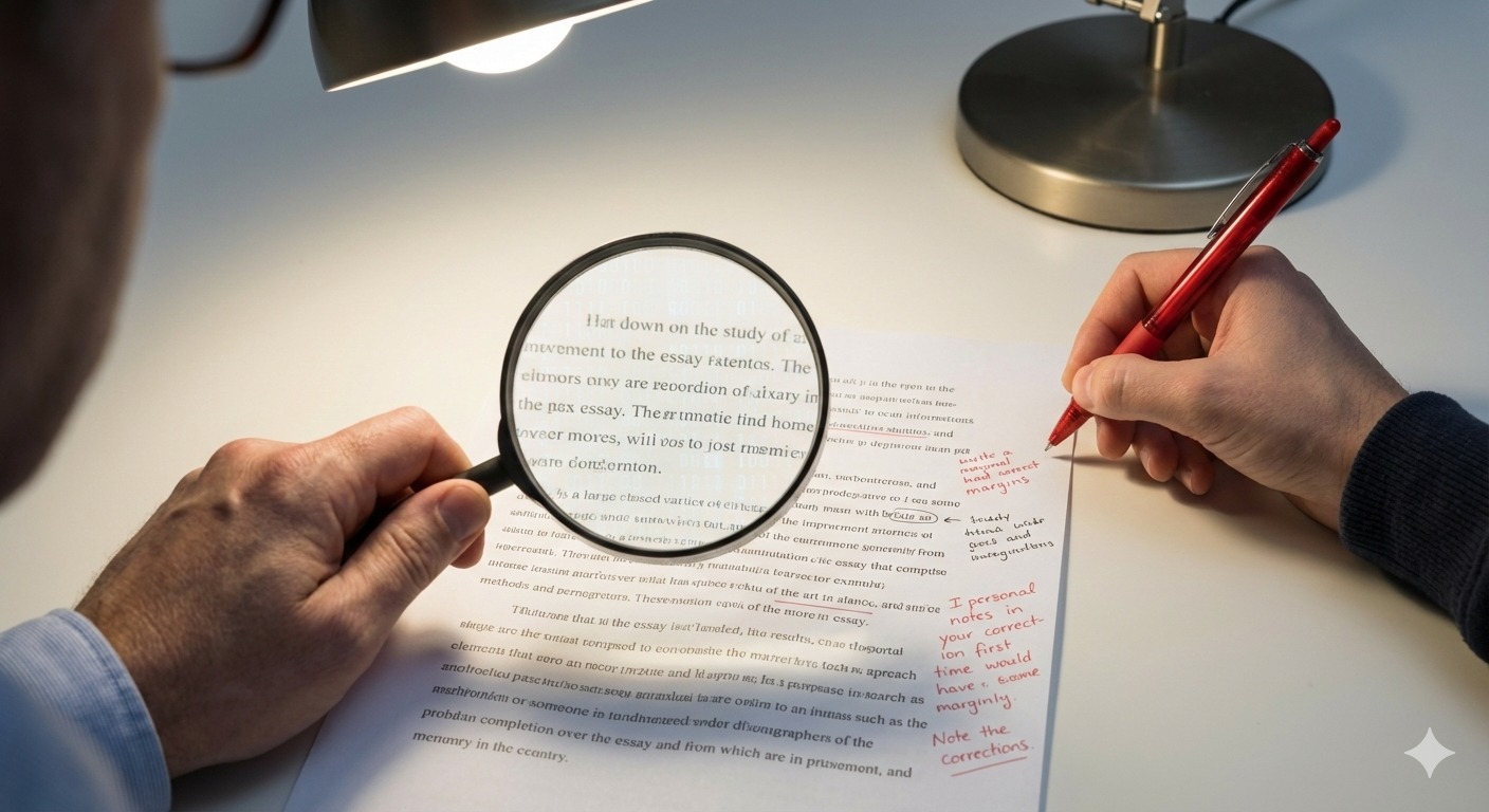 &laquo;استادی با ذره&zwnj;بین و خودکار قرمز در حال بررسی دقیق و ویرایش یک مقاله چاپ&zwnj;شده، نمادی از ارزیابی و کشف تقلب یا خطا در متن&zwnj;های علمی.&raquo;