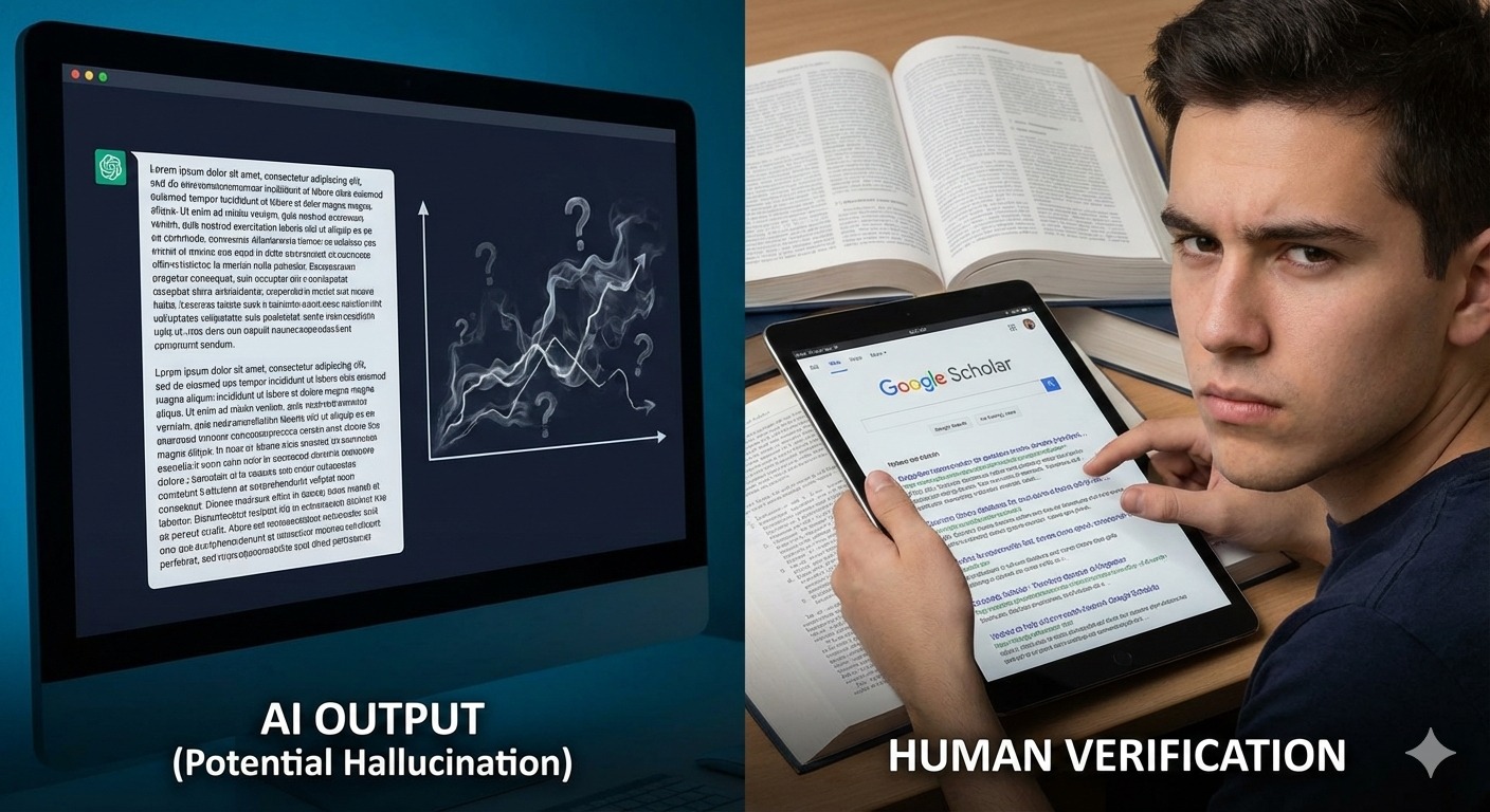 &laquo;نمایش دوگانه خروجی متنی یک مدل هوش مصنوعی روی لپ&zwnj;تاپ در کنار دانشجویی که با تبلت و گوگل اسکولار در حال راستی&zwnj;آزمایی و جست&zwnj;وجوی منابع علمی است.&raquo;