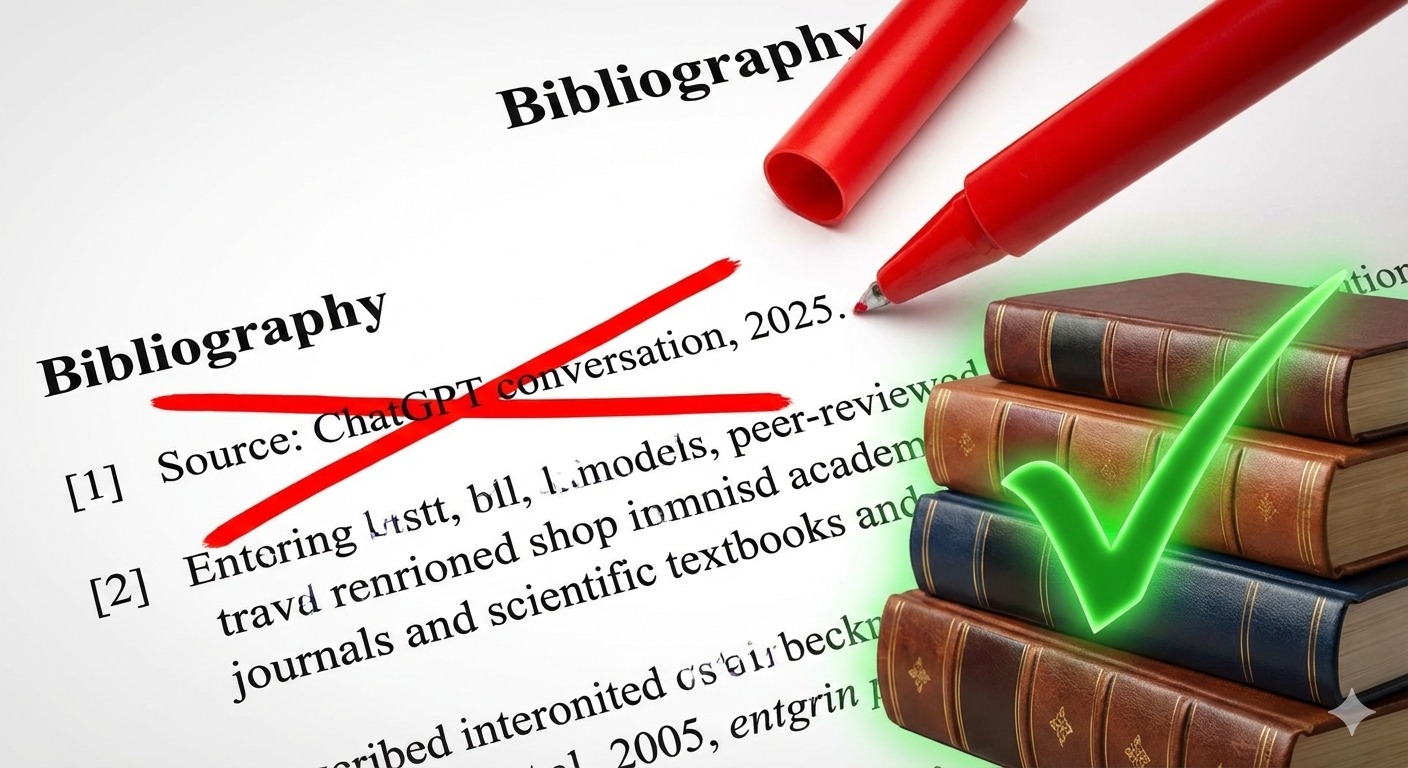 &laquo;برگه کتاب&zwnj;شناسی که منبع ChatGPT خط خورده و در کنار آن چند کتاب چاپی با تیک سبز قرار دارد، تاکید بر لزوم استفاده از منابع علمی معتبر به&zwnj;جای استناد مستقیم به چت&zwnj;جی&zwnj;پی&zwnj;تی.&raquo;