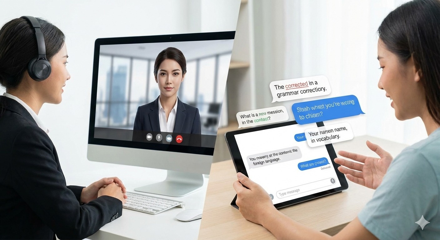 &laquo;صحنه&zwnj;ای دو بخشی از یک فرد در حال مصاحبه ویدیویی شغلی و فردی دیگر در حال مکالمه متنی آموزشی روی تبلت، نشان&zwnj;دهنده استفاده از چت&zwnj;بات&zwnj;ها و هوش مصنوعی برای تمرین زبان و مهارت مصاحبه.&raquo;
