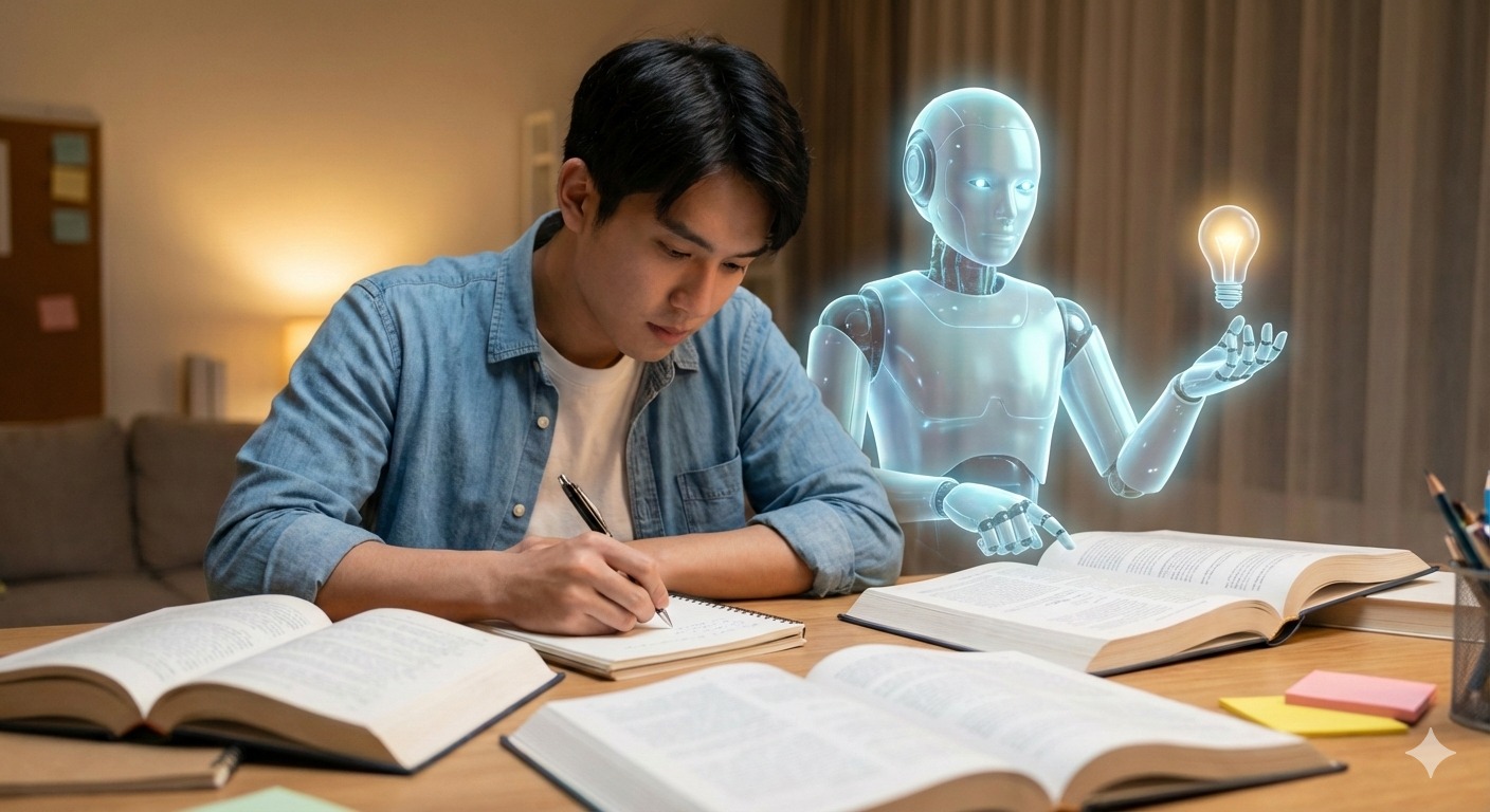 دانشجویی در حال مطالعه و یادداشت&zwnj;برداری با حضور یک ربات شفاف و نورانی در کنار او که یک لامپ ایده در دست دارد، نماد همکاری انسان و هوش مصنوعی در یادگیری