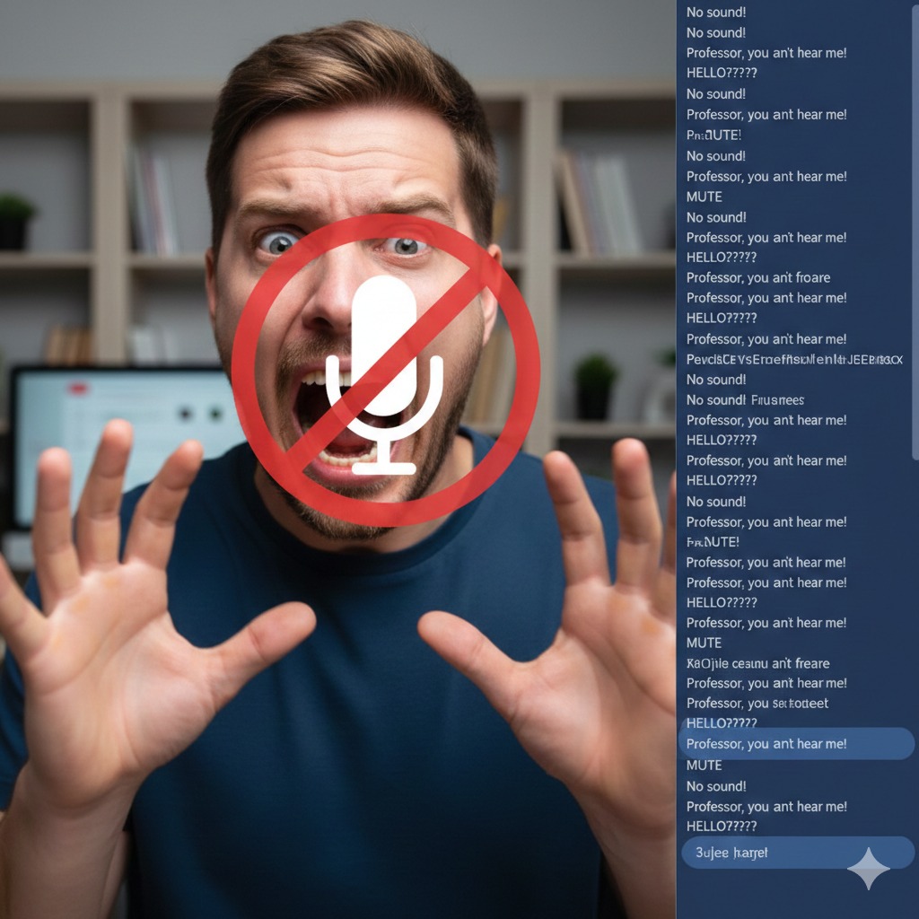 مردی که در حال فریاد زدن است اما یک علامت بزرگ &laquo;میکروفون قطع&raquo; روی صورتش قرار دارد؛ در بخش چت، دانشجویان مدام می&zwnj;نویسند که صدا نمی&zwnj;آید.