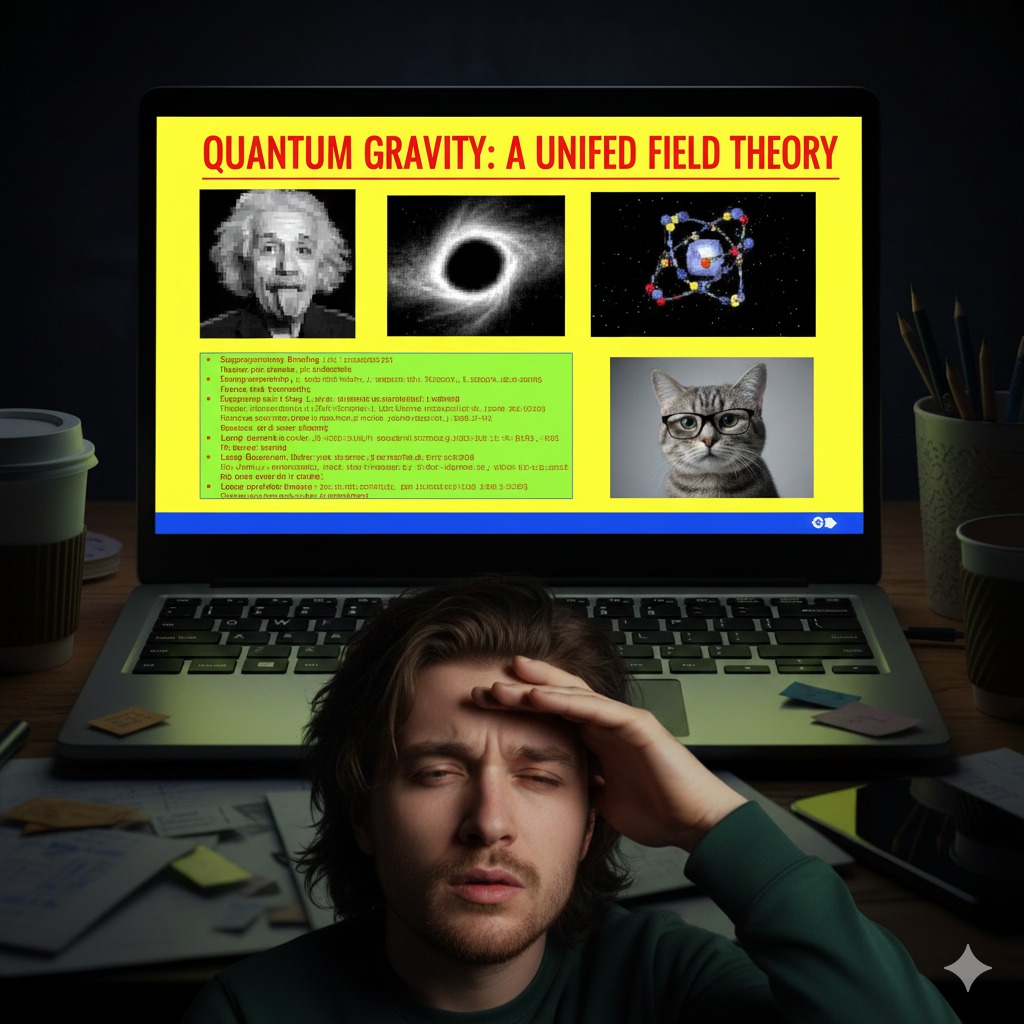 دانشجویی که از شدت سردرد ناشی از درس پیچیده دستش را روی پیشانی گذاشته است؛ روی صفحه لپ&zwnj;تاپ اسلایدی درباره &laquo;گرانش کوانتومی&raquo; با تصاویر انیشتین و سیاهچاله دیده می&zwnj;شود.