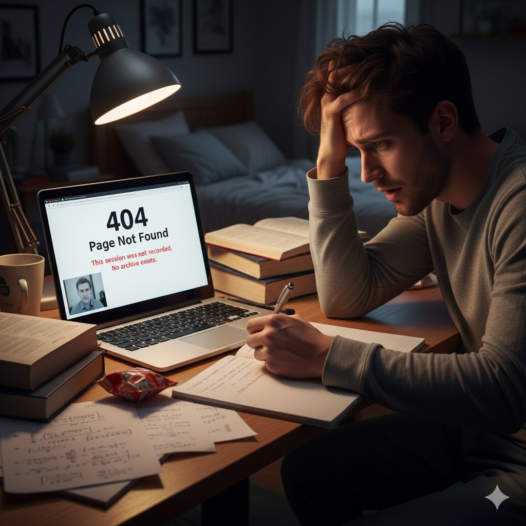 دانشجویی که با نگرانی دستش را روی سرش گذاشته و به لپ&zwnj;تاپ نگاه می&zwnj;کند؛ صفحه نمایش خطای &laquo;۴۰۴&raquo; را نشان می&zwnj;دهد و پیامی مبنی بر اینکه &laquo;این جلسه ضبط نشده است&raquo; دیده می&zwnj;شود.