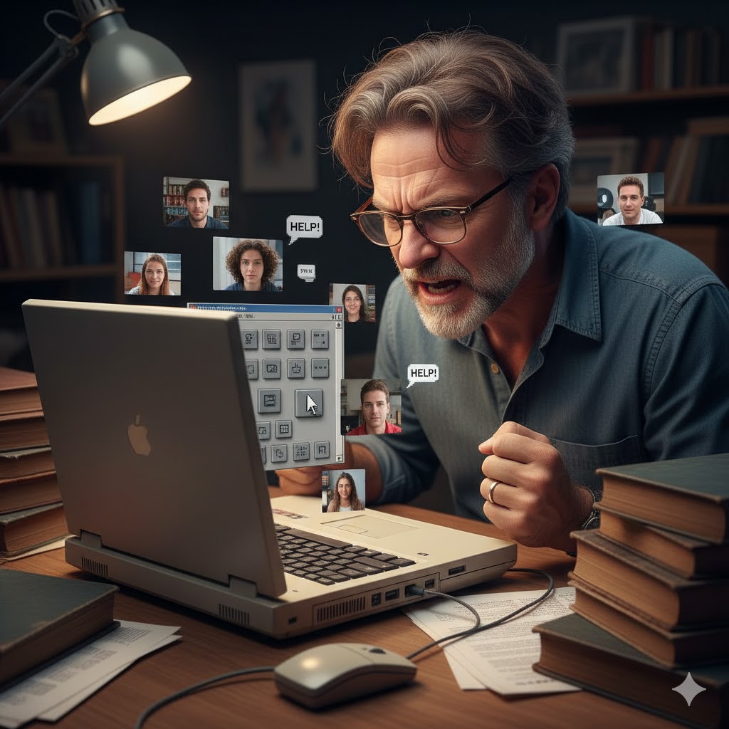 مردی میانسال با عینک که با حالتی عصبانی و گیج به مانیتور نزدیک شده و سعی دارد با رابط کاربری پیچیده نرم&zwnj;افزار کلاس آنلاین کار کند، در حالی که دانشجویان درخواست کمک دارند.