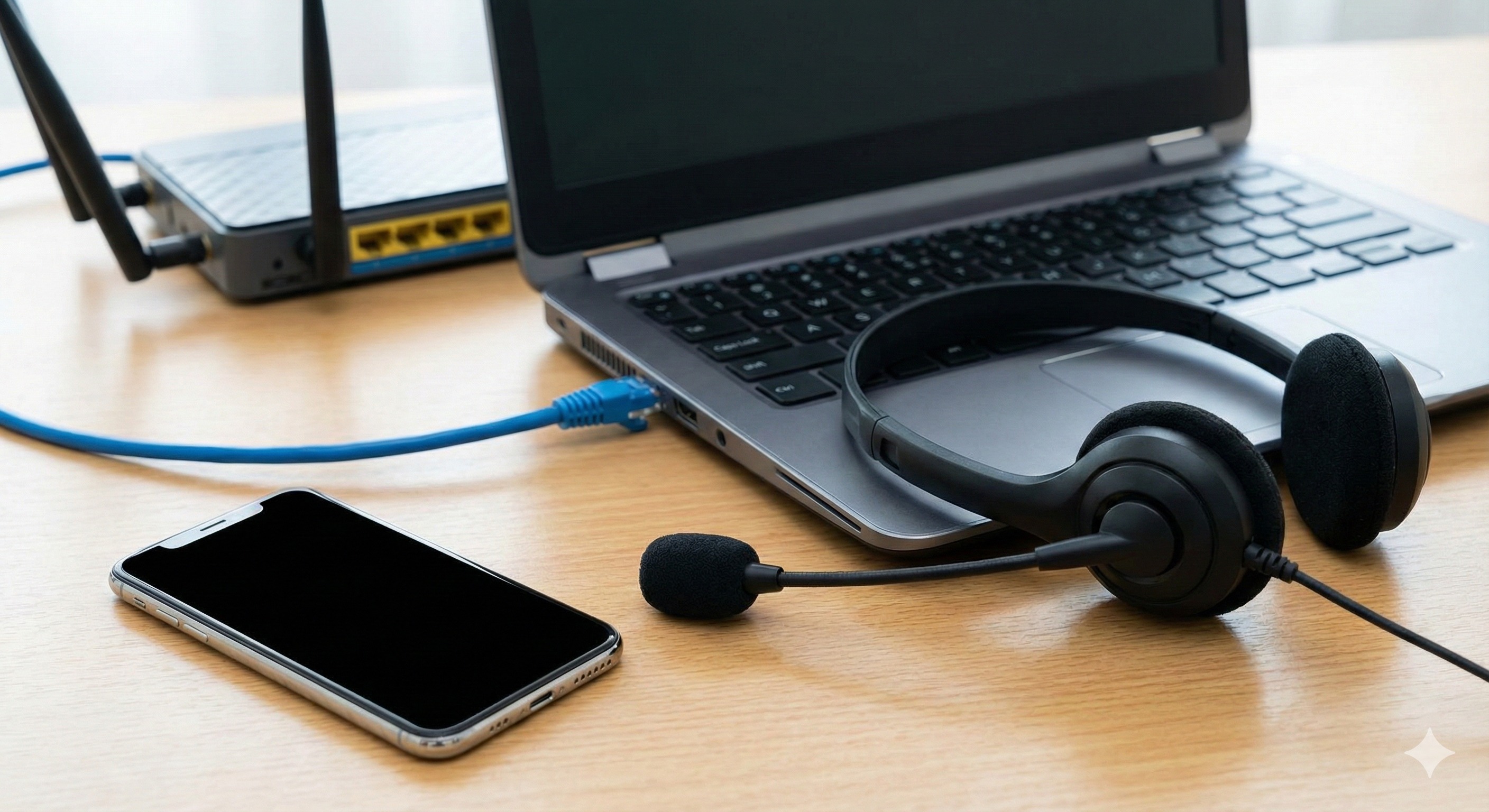 تجهیزات ضروری کلاس مجازی شامل اتصال لپ&zwnj;تاپ با کابل LAN به مودم و هدست حرفه&zwnj;ای