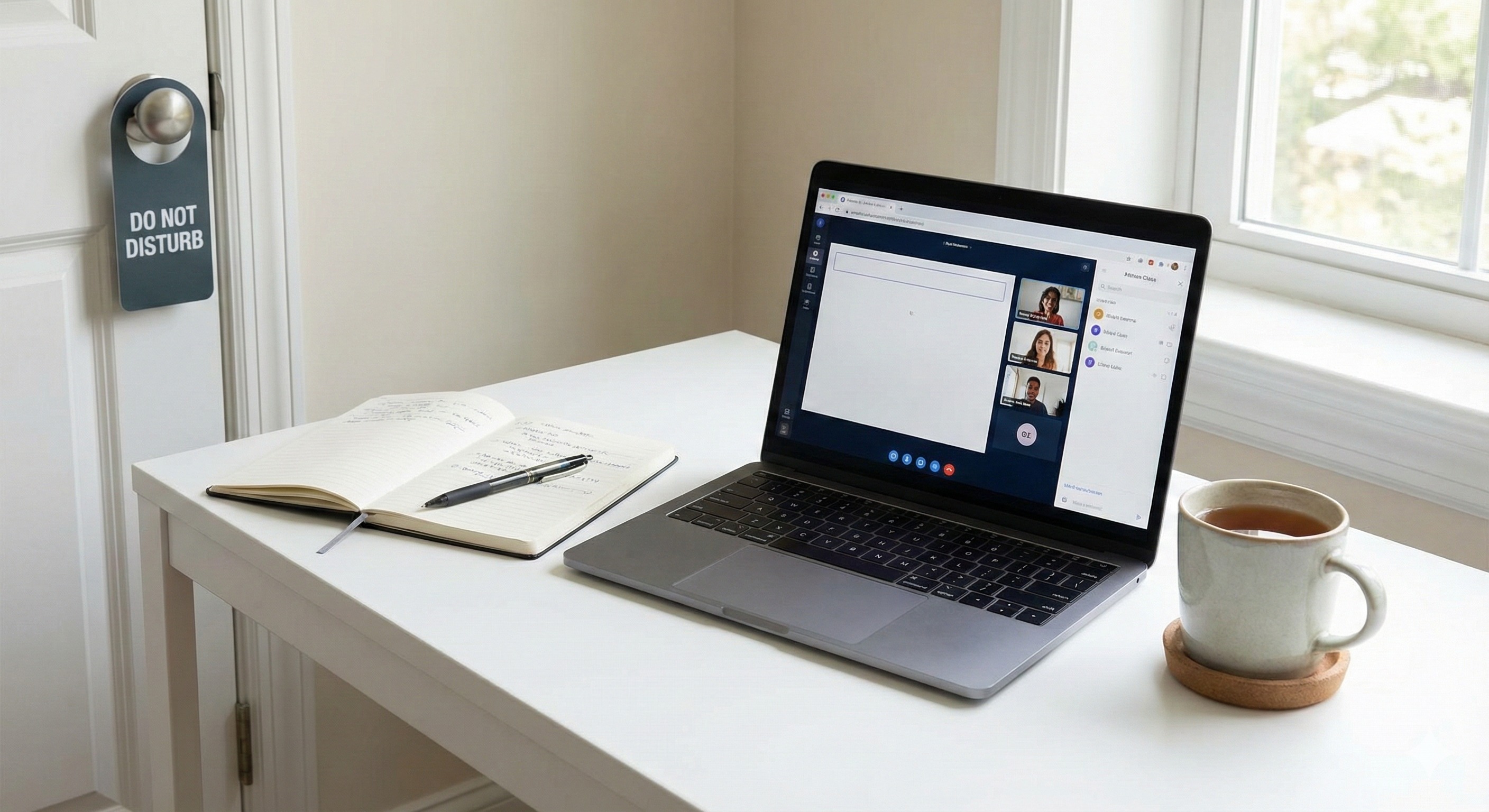 Alt Text: آماده&zwnj;سازی اتاق و میز مطالعه برای کلاس آنلاین با نصب آویز درِ &laquo;لطفاً مزاحم نشوید&raquo;